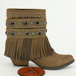 Sbicca Brown Suede Fringe Studded Western Ankle Boots Women 8.5 Festival Cowgirl